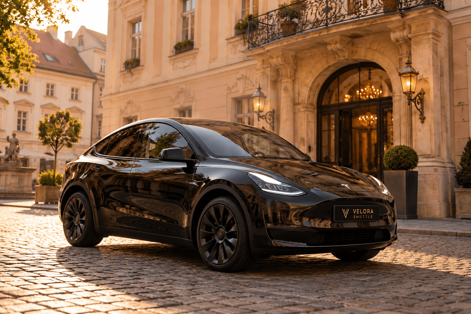 Tesla outside a hotel